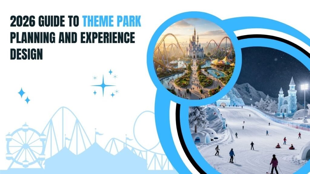2026 theme park planning and experience design banner featuring roller coasters, fantasy castle park, and indoor snow park attractions