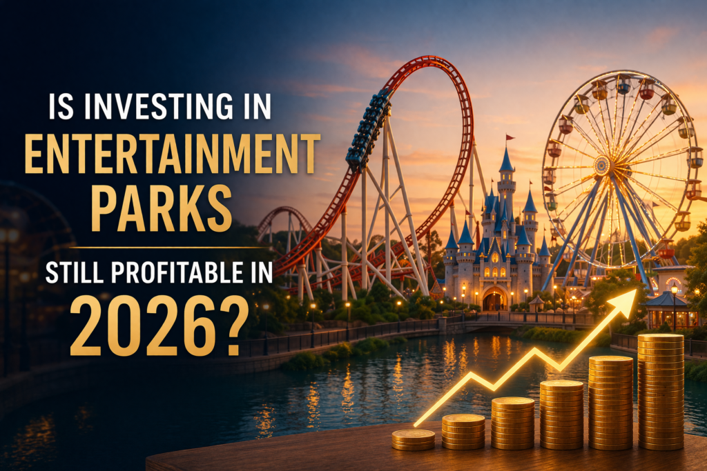 Entertainment park investment concept with roller coaster and rising financial growth graph representing profitability in 2026