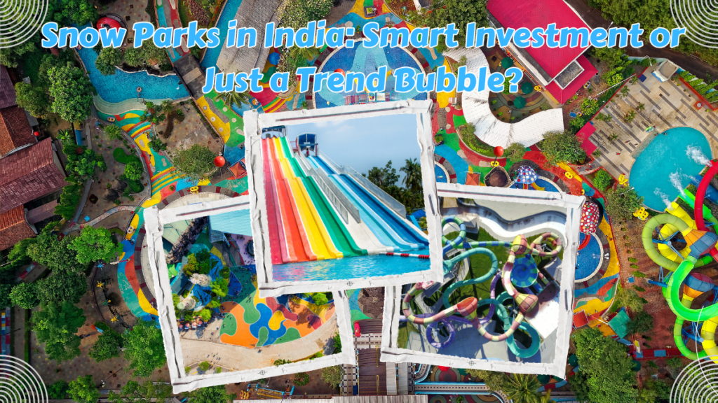 Indoor snow park in India with artificial snow, visitors enjoying winter activities, showcasing investment potential and market trends