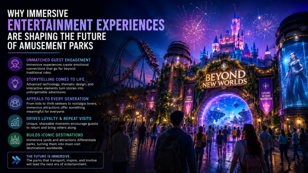 Visitors enjoying an immersive entertainment experience in a modern amusement park featuring interactive attractions, themed environments, advanced technology, and engaging family-friendly activities.