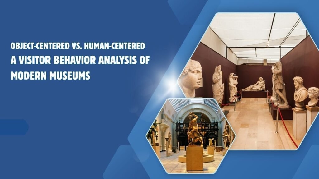 Visitors interacting with immersive, human-centered museum exhibits alongside traditional object-centered displays in a modern gallery setting.