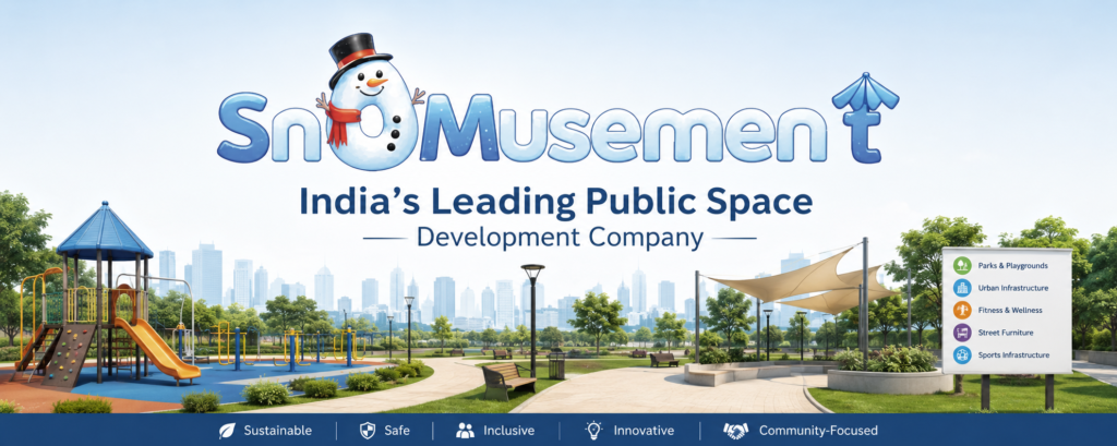 "Snomusement blog banner showcasing India's leading public space development company with modern urban park design, children's playground, outdoor fitness area, landscape architecture, sustainable public infrastructure, and smart city development solutions."