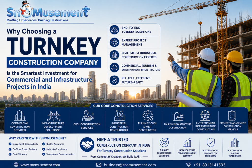 A promotional banner by Snomusement showcasing its Turnkey Construction Company services in India. The image features a high-rise commercial construction site with engineers wearing safety gear, highlighting end-to-end turnkey solutions, project management, civil construction, industrial construction, commercial infrastructure, tourism infrastructure, entertainment infrastructure, and turnkey civil & MEP contractor services. The banner emphasizes reliable, cost-effective infrastructure development and commercial construction solutions across India.