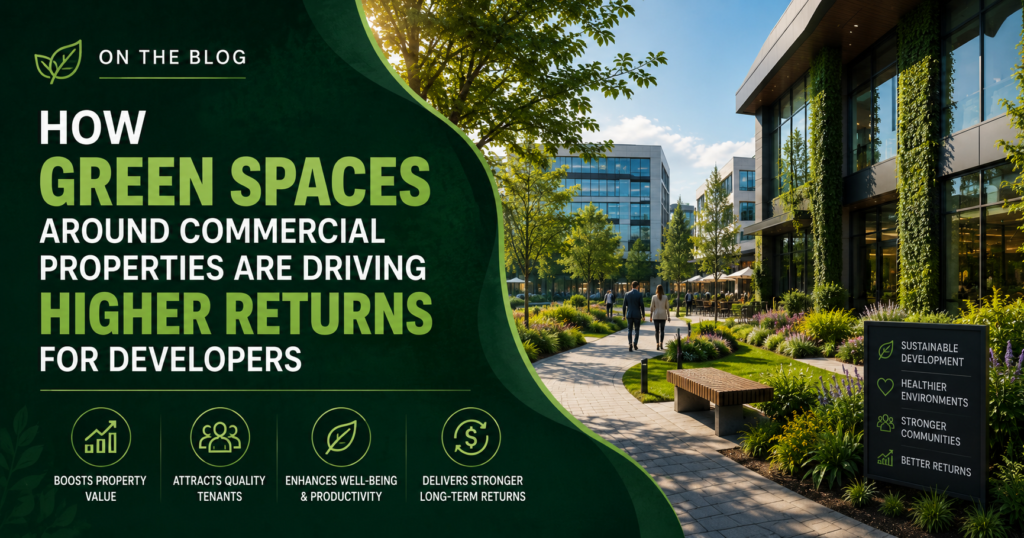 Commercial landscaping green space outdoor design India Rooftop urban landscaping modern commercial property Landscape design pathway planting commercial destination