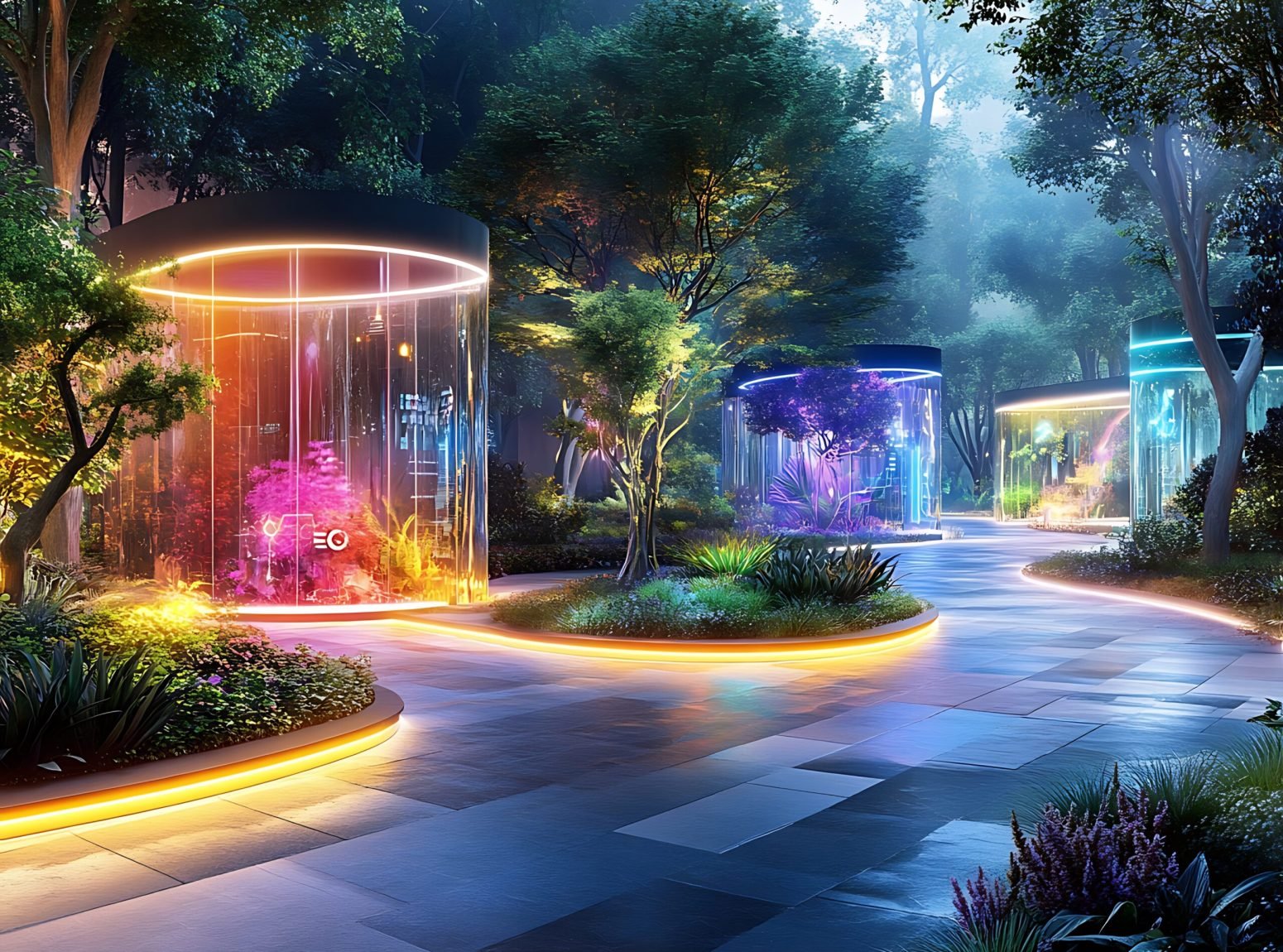 there is a futuristic city with a glass structure in the middle