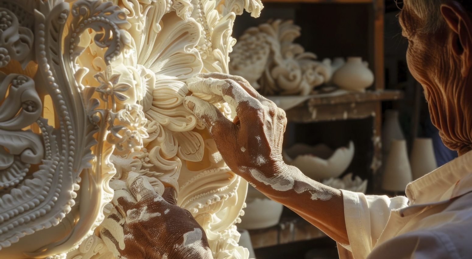 Latino Hands Carving Details into a Sculpture: Detailed shot of Latino hands carving intricate details into a clay sculpture, with sunlight filtering through a nearby window, casting a warm glow on the pottery shop's rustic wooden shelves and earthy tones. --chaos 14 --ar 3:2 --style raw --stylize 150 Job ID: 4f79c10e-2a6c-4b84-8d4a-52d1c063b208