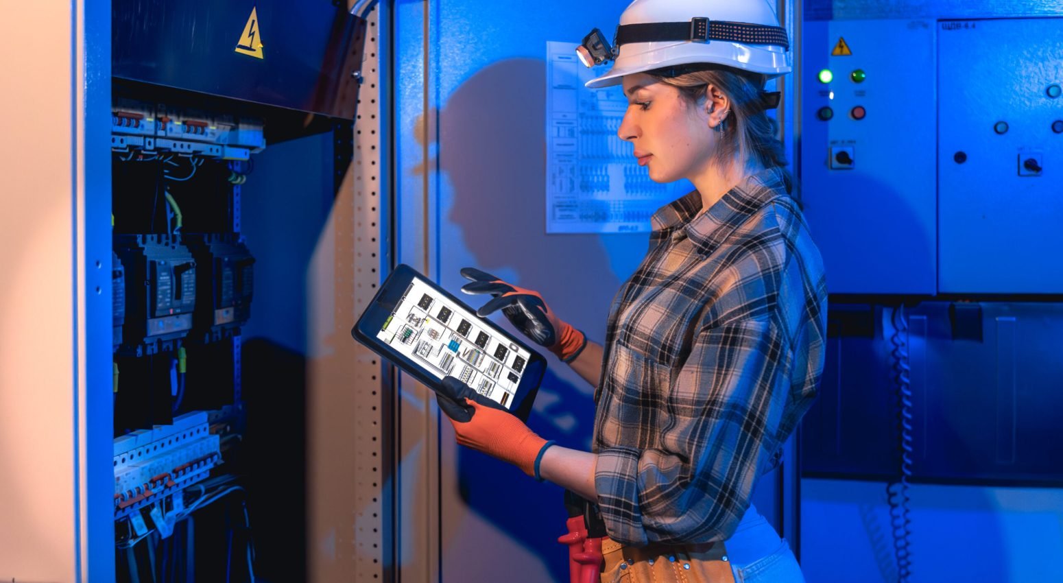 A woman electrician in a hardhat uses a tablet beside an open electrical panel indoors. Blue lighting suggests automation, iot, smartfactory maintenance, and reliable technical control.